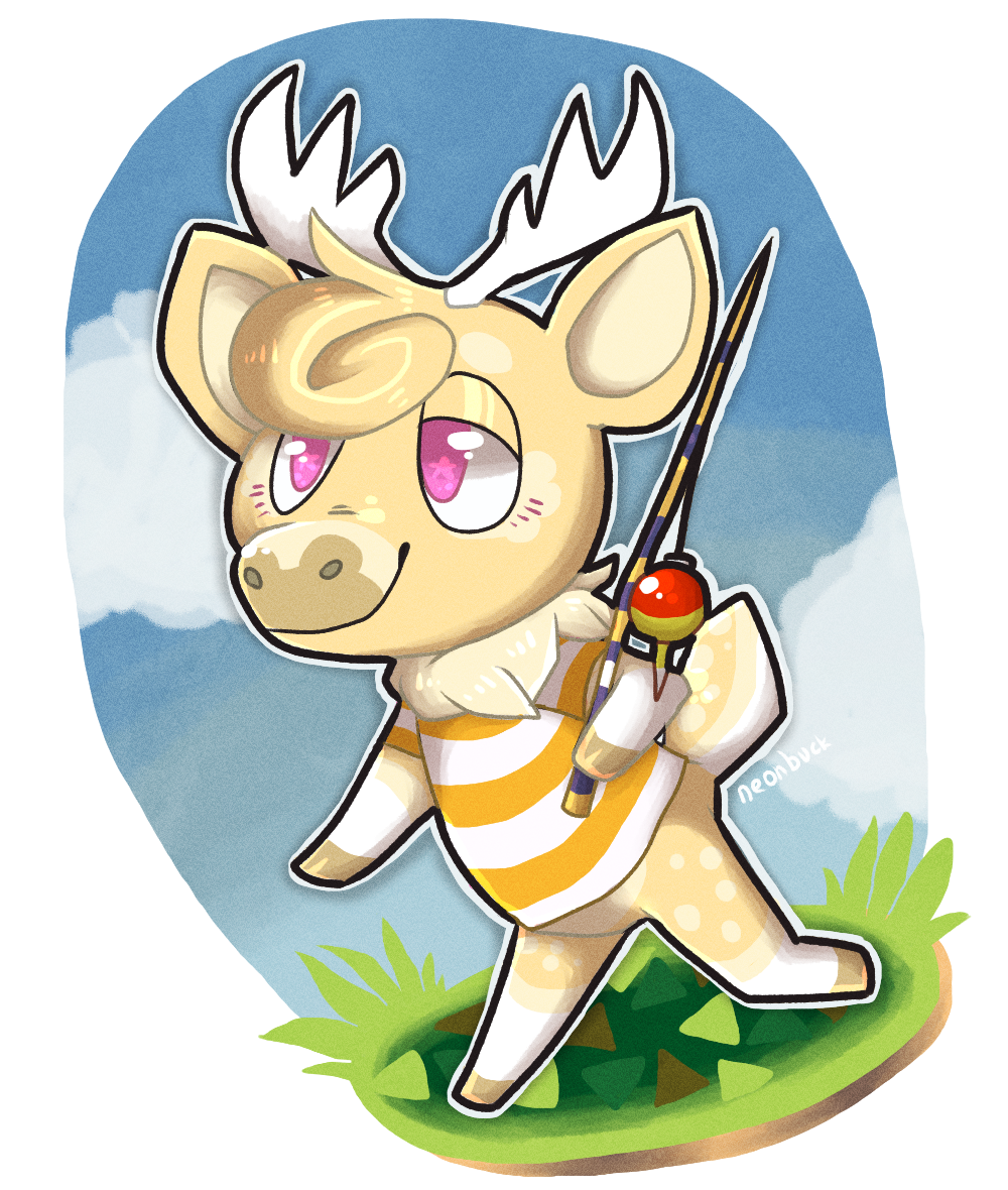 A drawing of a yellow deer with a striped shirt carrying a fishing rope in the style of Animal Crossing