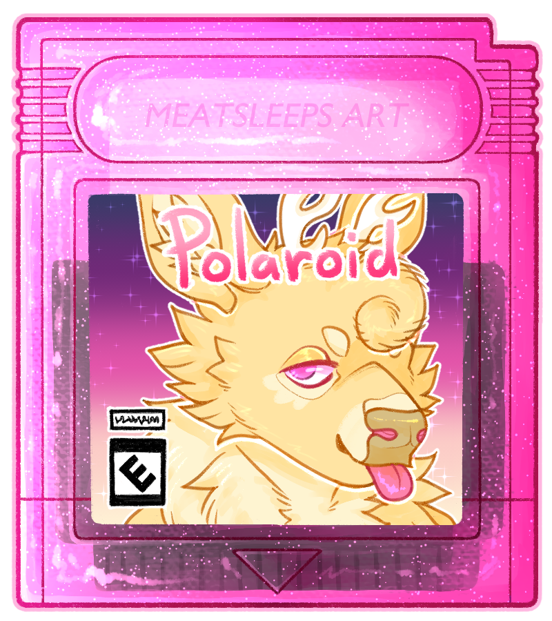A drawing of a transparent pink gamebor cartridge with a sticker labelled as 'Polaroid' and a yellow deer in it