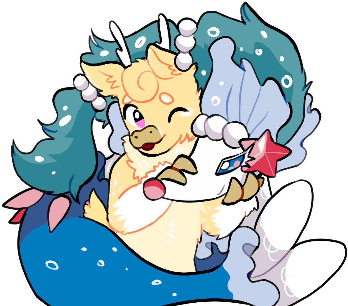 A drawing of a yellow deer hugging the Pokémon Primarina